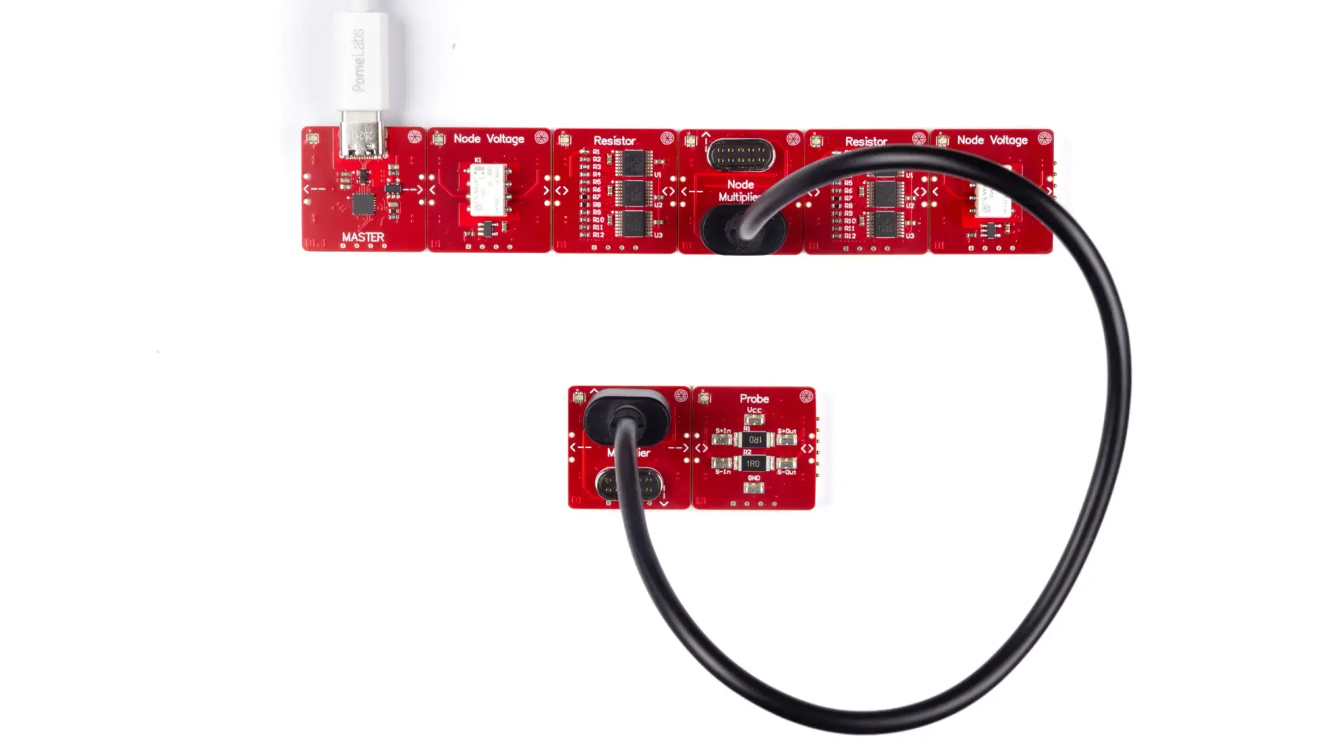 A voltage-divider circuit built from PomeLabs Connect modules: Master, Node Voltage, two Resistors, Node Multipliers and a Probe joined by a cable.